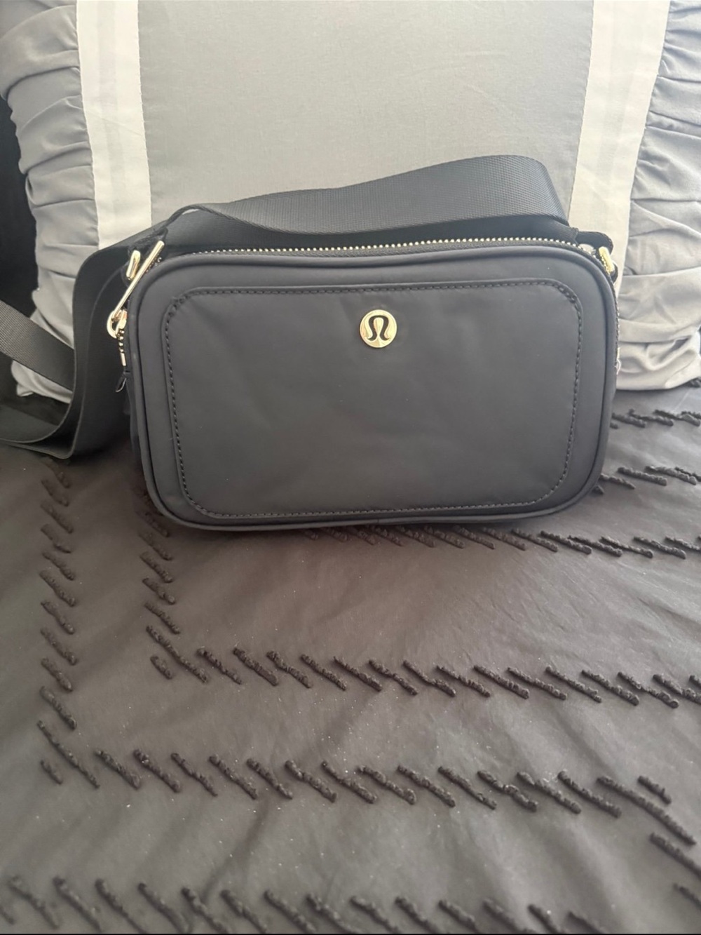 lululemon athletica Black Compact Crossbody Bag with Gold Hardware